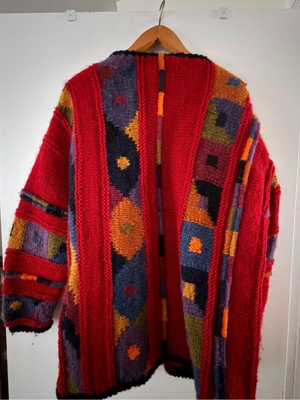 Red Multi-Pattern Hand Knit Cardigan Sweater - Picture 2 of 2